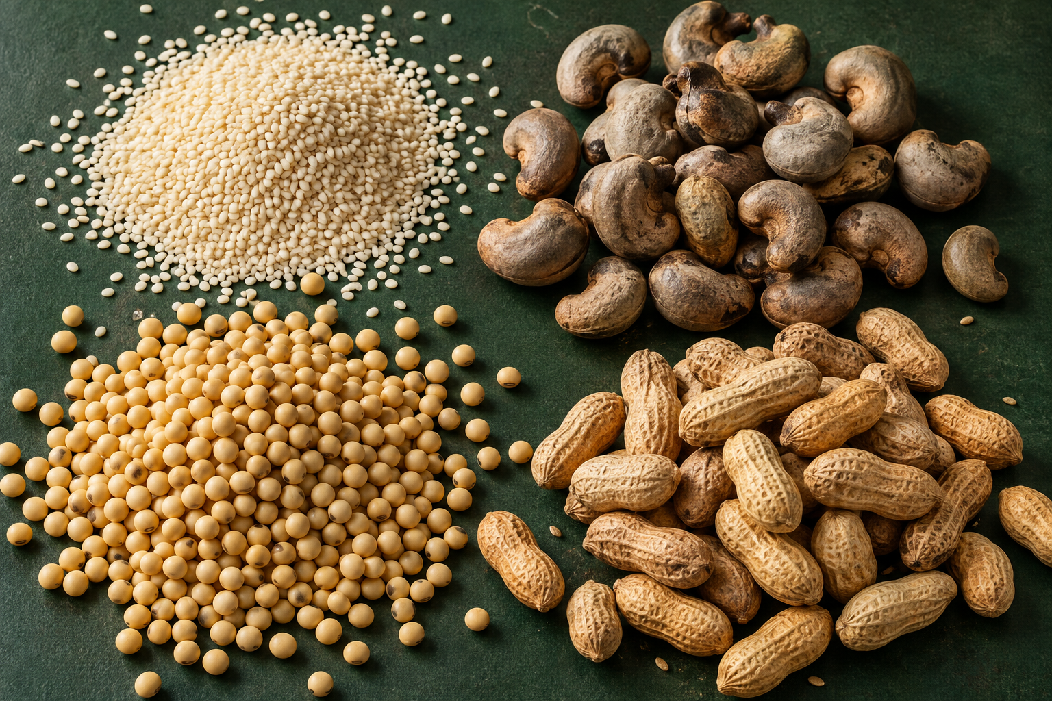 Sesame seeds, raw cashew nuts, soybeans and groundnuts. Illustrative commodity photograph.